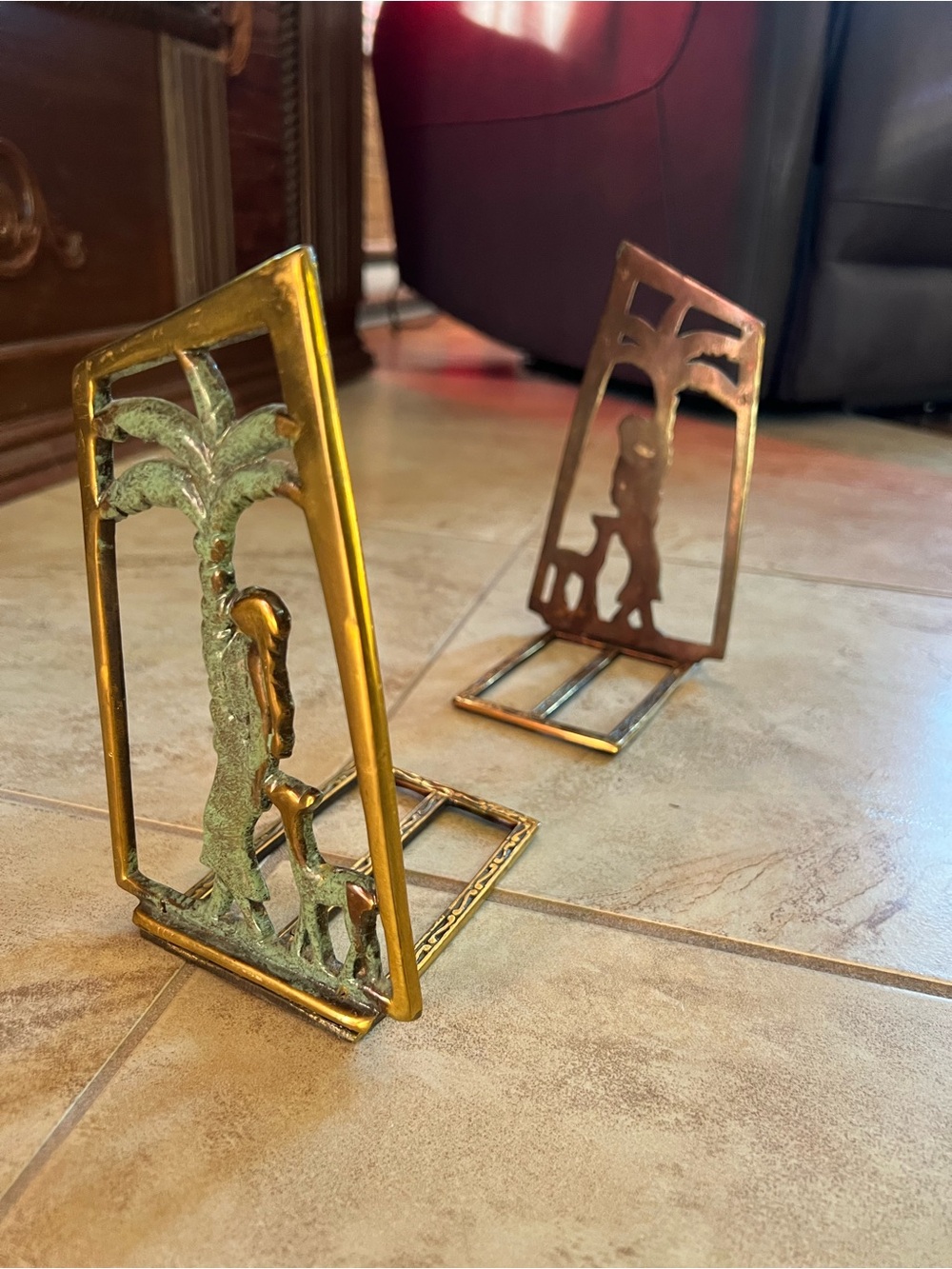 Vintage Brass Bookends with Palm Tree Silhouette - Gold Tone